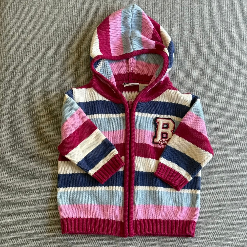 Vintage B.U.M. Equipment Baby Girls Striped Knit Zip Up Hoodie Sweater Pink Blue
